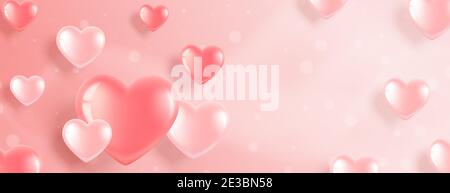 Bannière horizontale avec ballons en forme de coeur rose sur fond rose. Illustration romantique pour la Saint-Valentin et la Journée internationale de la femme. VVecto Illustration de Vecteur