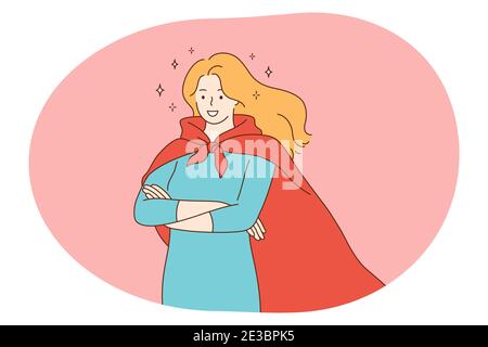 Super-héros, super-homme, concept de puissance. Jeune femme souriante en costume de superhomme rouge manteau debout imaginant la superpuissance et la force. Fantaisie, imagination Illustration de Vecteur