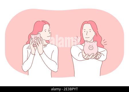 Économie d'argent, porcgybank, concept de budget. Jeune femme positive personnage de dessin animé tenant et montrant porcgybank rose avec des pièces de monnaie et de l'argent à l'intérieur. Collec Illustration de Vecteur