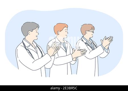 Médecine, médecins, concept de réalisation. Les jeunes hommes médecins en uniforme médical blanc se tenant entre les mains et montrant la réussite, applaudissent Illustration de Vecteur