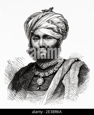 Portrait de Maharao Pragmalji II, Inde. Ancienne illustration de gravure Prince de Galles visite Albert Edward de l'Inde. El Mundo en la Mano 1878 Banque D'Images