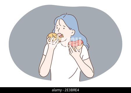 Alimentation malsaine, nourriture rapide et malbouffe, concept de calories. Jeune fille stressée personnage de dessin animé manger rapidement des beignets de sucre gras à la maison ou dans le café. Non Illustration de Vecteur