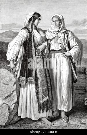 Les femmes bosniaques de religion grecque, la frontière militaire bosniaque, la Bosnie. Europe, ancienne illustration de gravure Voyage de pays des Slavs du sud par M. Perrot Banque D'Images