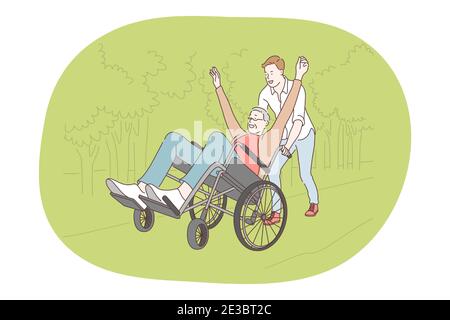 Personnes handicapées en fauteuil roulant vivre heureux concept de vie active. Jeune homme handicapé assis en fauteuil roulant et se sentant amusant d'être roulé par son fils Illustration de Vecteur