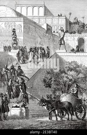 Le palais assyrien de Kouyunjik, en cours de restauration. Nord de l'Irak. Illustration gravée du XIXe siècle, le Tour du monde 1863 Banque D'Images