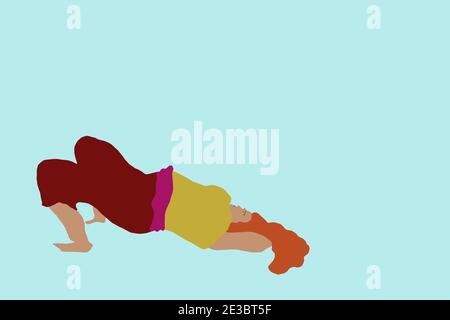 Massivly humain; Frau mit Übergewicht, schwanger macht Yogaübung, rotes Haar, gelbes shirt dunkelrote flexible, magenta grütel vor türkisem hintergrund Banque D'Images
