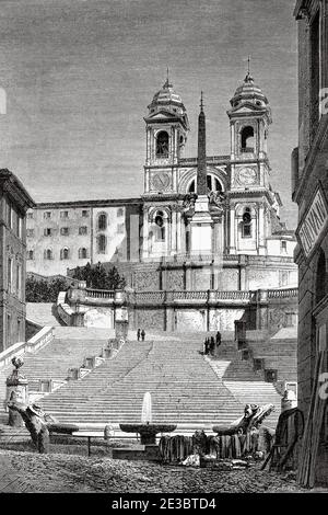 Piazza di Spagna. Les marches espagnoles et l'église de Trinita dei Monti, Rome. Italie, Europe. Voyage à Rome par Francis Wey 19e siècle Banque D'Images