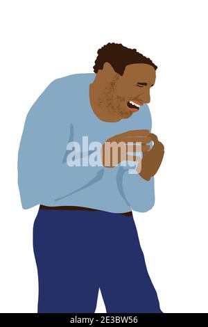Homme massif, barbu qui a l'air désespéré de pleurer avec des mains en douceur dans un pantalon et un maillot bleus, des cheveux foncés et de la peau Banque D'Images