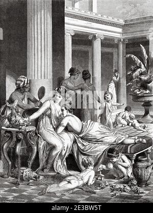 Scène quotidienne dans le peristyle d'une salle de femmes, Grèce antique. Illustration gravée du XIXe siècle, El Mundo Ilustrado 1880 Banque D'Images