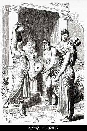 Portrait des esclaves grecs qui tirent l'eau d'une fontaine. Grèce antique. Illustration gravée du XIXe siècle, El Mundo Ilustrado 1880 Banque D'Images