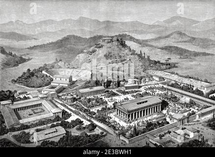 Paysage artistique de loisirs vue panoramique sur Olympia, au moment des Jeux Olympiques anciens. Grèce antique. Illustration gravée du XIXe siècle, El Mundo Ilustrado 1880 Banque D'Images