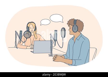 Présentateurs de la radio du matin, professions, concept d'emploi. Les journalistes, jeunes femmes et hommes souriants, caricatures dans des écouteurs assis Illustration de Vecteur