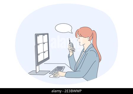 Professions féminines, travaillant comme concept de garde de sécurité. Jeune femme professionnelle de sécurité ou spécialiste logistique communiquant à la radio et regardant Illustration de Vecteur