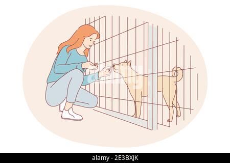 Les chiens de l'abri, le bénévolat, aider les animaux concept. Jeune fille heureuse personnage de dessin animé assis et donnant snack au chien dans la cage dans vecteur d'abri Illustration de Vecteur