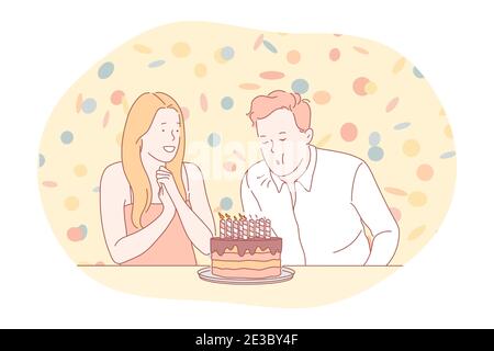 Concept de cadeau d'anniversaire, fête et fête de Noël. Joyeux jeune couple personnages de dessin animé célébrant l'anniversaire et soufflant des bougies en vacances Illustration de Vecteur