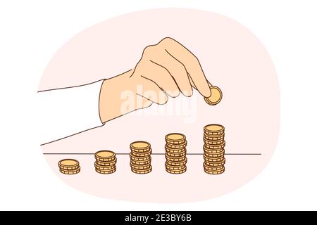 Economies d'argent, pièces, concept de budget. Mains de la personne qui fait des piles de pièces d'or sur la table. Finance, paiement, crédit, stabilité financière et investissement Illustration de Vecteur