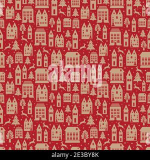 Ville ancienne avec motif de couleurs sans couture et vieux bâtiments pour papier peint ou motif d'arrière-plan sur le rouge.Noël et nouvel an fond d'hiver. Illustration de Vecteur