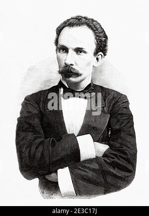 Chefs révolutionnaires à Cuba. José Julián Martí Pérez (Havane 1853 -1895) était un écrivain et politicien républicain cubain, penseur, journaliste, philosophe et poète cubain, créateur du Parti révolutionnaire cubain et organisateur de la guerre de 95 ou de la guerre nécessaire, guerre d'indépendance de Cuba. De la Ilustracion Española y Americana 1895 Banque D'Images