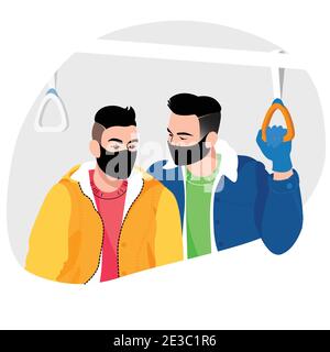 couple d'hommes dans des masques parlant dans les transports publics, illustration de vecteur, coronavirus pandémique, garder une distance, porter un masque, précautions Illustration de Vecteur