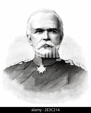 Portrait de Georg Leo Graf von Caprivi de Caprara de Montecuccoli (Charlottenburg 1831 - Messow 1899) général et homme d'État allemand, successeur d'Otto von Bismarck comme chancelier de l'Allemagne. Illustration gravée de la Ilustracion Española y Americana datant du XIXe siècle 1890 Banque D'Images