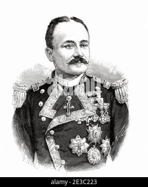 Portrait de Ramón Auñón y Villalón (Morón 1844 - Madrid 1925) Espagnol militaire et homme politique, Ministre de la Marine pendant la guerre hispano-américaine à Cuba et gouverneur civil de Barcelone. Adjoint pendant la régence de María Cristina de Habsburgo et le règne d'Alfonso XIII, Espagne. Illustration gravée de la Ilustracion Española y Americana datant du XIXe siècle 1890 Banque D'Images