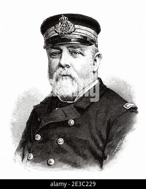 Portrait de Pascual Cervera y Topete (Medina Sidonia 1839 - Puerto Real 1909) amiral dans la Marine espagnole, commandant du navire blindé Pelayo, Espagne. Illustration gravée de la Ilustracion Española y Americana datant du XIXe siècle 1890 Banque D'Images