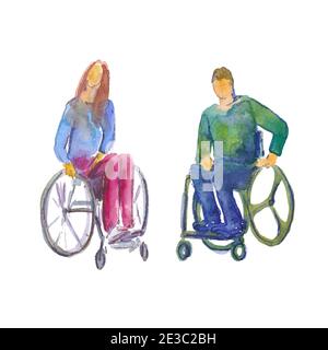 Illustration aquarelle dessinée à la main. Personne handicapée et personne âgée. Personnes handicapées sur béquilles et fauteuil roulant. Banque D'Images