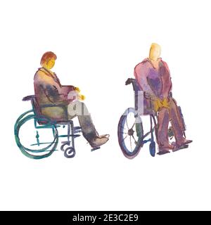 Illustration aquarelle dessinée à la main. Personne handicapée et personne âgée. Personnes handicapées sur béquilles et fauteuil roulant. Banque D'Images