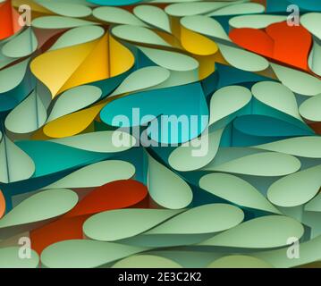 Image macro, abstraite, d'arrière-plan de nombreuses feuilles tordues de papier couleur, dans un cercle, courbé, coeur, goutte, déchirure, elliptiques formes. Banque D'Images