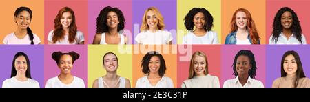 Ensemble de portraits multiethniques de jeunes femmes heureuses Banque D'Images