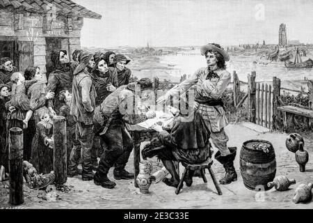 Le corsaire français Jean Bart recrute des soldats à Dunkerque, France. Illustration gravée de la Ilustracion Española y Americana datant du XIXe siècle 1894 Banque D'Images