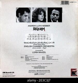 Andrew Lloyd Webber : 1985. Capot arrière LP : Requiem (Domingo/Brightman/Maazel) Banque D'Images