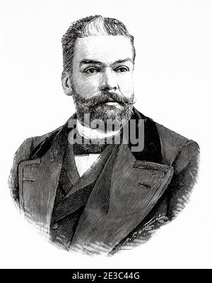 Portrait du Docteur Vicente Llorente y Matos (Las Palmas 1857 - Madrid 1916) a utilisé un traitement contre la diphtérie à Madrid à la fin du XIXe siècle, en Espagne. Illustration gravée de la Ilustracion Española y Americana datant du XIXe siècle 1894 Banque D'Images