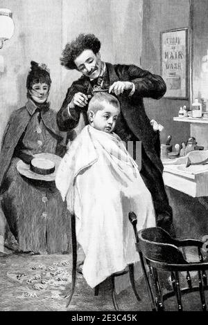 Un petit garçon dans un salon de coiffure au XIXe siècle. Illustration gravée de la Ilustracion Española y Americana datant du XIXe siècle 1894 Banque D'Images