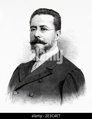 Portrait de Benigno Quiroga y López Ballesteros (Saint-Jacques-de-Compostelle 1850 - Madrid 1908) était un ingénieur et homme politique espagnol, ministre de l'intérieur sous le règne d'Alfonso XIII. Illustration gravée de la Ilustracion Española y Americana datant du XIXe siècle 1894 Banque D'Images