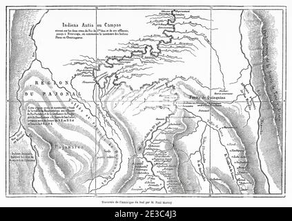 Ancienne carte des Indiens Campa, territoire d'Ashaninka, Pérou, Amérique du Sud. Vieux XIX siècle gravé du Tour du monde 1864 Banque D'Images