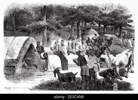 Camp de voyageurs à l'extérieur du palais du roi de Karague, Afrique. Vieux XIX siècle gravé du Tour du monde 1864 Banque D'Images