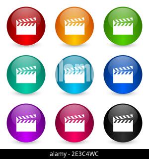 Jeu d'icônes vidéo, boutons sphériques de rendu 3d brillant colorés dans 9 options de couleurs pour la conception Web et les applications mobiles Banque D'Images