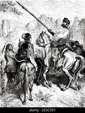 Don Quichotte, Sancho et la princesse Dorotea. Don Quichotte par Miguel de Cervantes Saavedra. Illustration de la gravure du XIXe siècle par Gustave Dore Banque D'Images