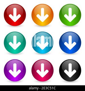 Flèche vers le bas, jeu d'icônes de téléchargement, boutons de ballon de rendu 3d brillant colorés dans 9 options de couleur pour les applications Web et mobiles Banque D'Images