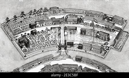 Dejima Old plan, Japon. Ancienne illustration gravée du XIXe Voyage au Japon par aime Humbert de El Mundo en la Mano 1879 Banque D'Images