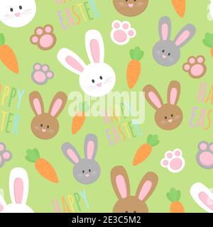 Joli motif de lapin de Pâques sans coutures. Lapins de pâques blancs, bruns et gris, pattes, carottes et illustrations joyeuses pâques. Isolé. Banque D'Images