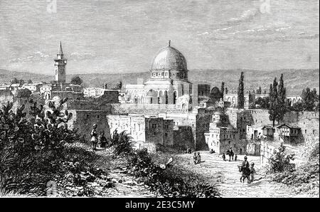 Mosquée Al-Aqsa dans la vieille ville de Jérusalem, Palestine, Israël. Ancienne illustration gravée du XIXe Voyage à Jérusalem par Alphonse de Lamartine de El Mundo en la Mano 1879 Banque D'Images