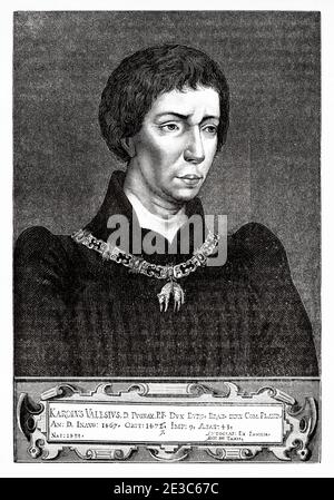 Charles le Temeraire (1433-1477) Charles le Bold, duc de Bourgogne, connu sous le nom de Charles le terrible par ses ennemis, était le dernier valois. France. Illustration de la gravure du XIXe siècle. Les Français Illutres par Gustave Demoulin 1897 Banque D'Images