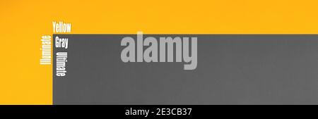 Couleurs tendance de l'année 2021, composition de pose plate avec inscription de texte gris ultime et jaune illuminé, bannière copie espace photo Banque D'Images