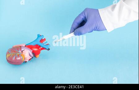 Main du médecin avec un scalpel près d'une maquette d'un coeur humain sur fond bleu. Le concept de chirurgie cardiaque moderne. Copier l'espace pour le texte, cœur t Banque D'Images