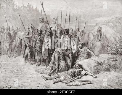 Alexandre le Grand découvre le corps du roi Darius III Après une œuvre du XIXe siècle par Gustave Dore. Alexander the Great, 356 BC - 323 BC. King Darius III, c.33 BC - 330 BC. Banque D'Images