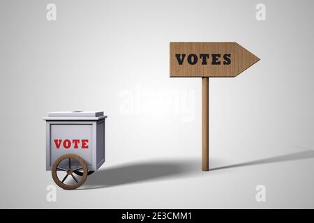 Boîte de vote conduite par un panneau d'affichage dans les votes démontrant le concept de recherche de votes. Illustration 3D Banque D'Images
