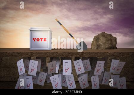 L'urne creuse un trou qui a des votes démontrant le concept de recherche de votes. Illustration 3D Banque D'Images