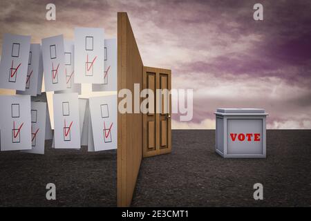 Boîte de vote prête à entrer dans une porte avec des votes démontrant le concept de recherche de votes. Illustration 3D Banque D'Images